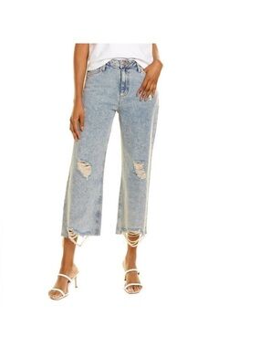 Avec Les Filles Light Blue Distressed Cropped Wide-Leg Jeans